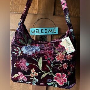 Johnny Was Floral Embroidered Velvet Tote - Burgundy and Multicolor